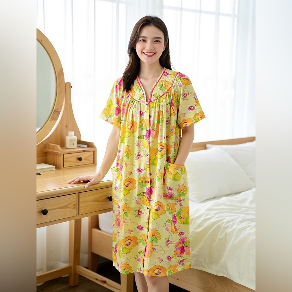 Emily Stacy Vintage Pearl Snap Floral House Dress Sz L